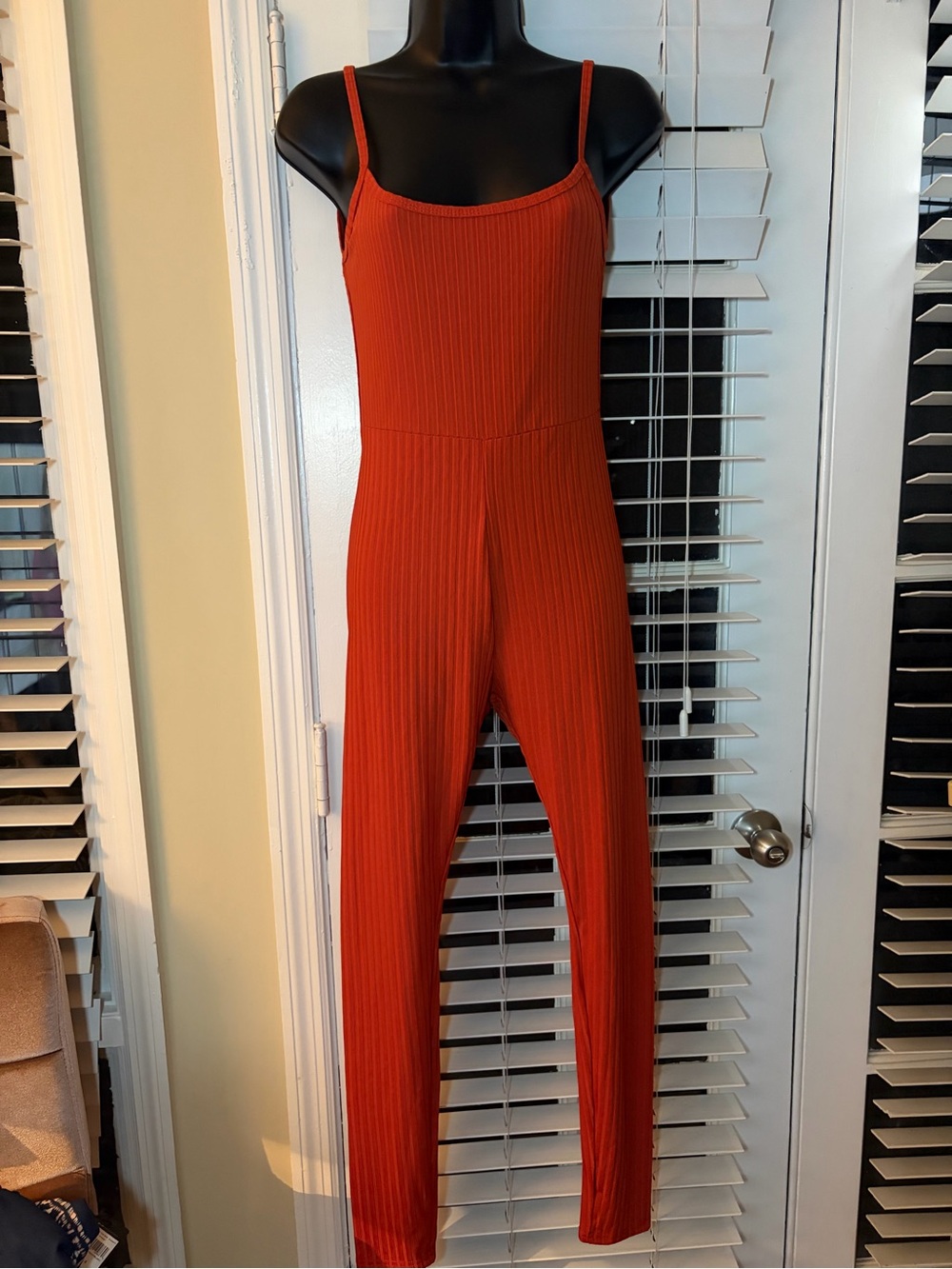 SHEIN Rust Orange Ribbed Spaghetti-Strap Jumpsuit